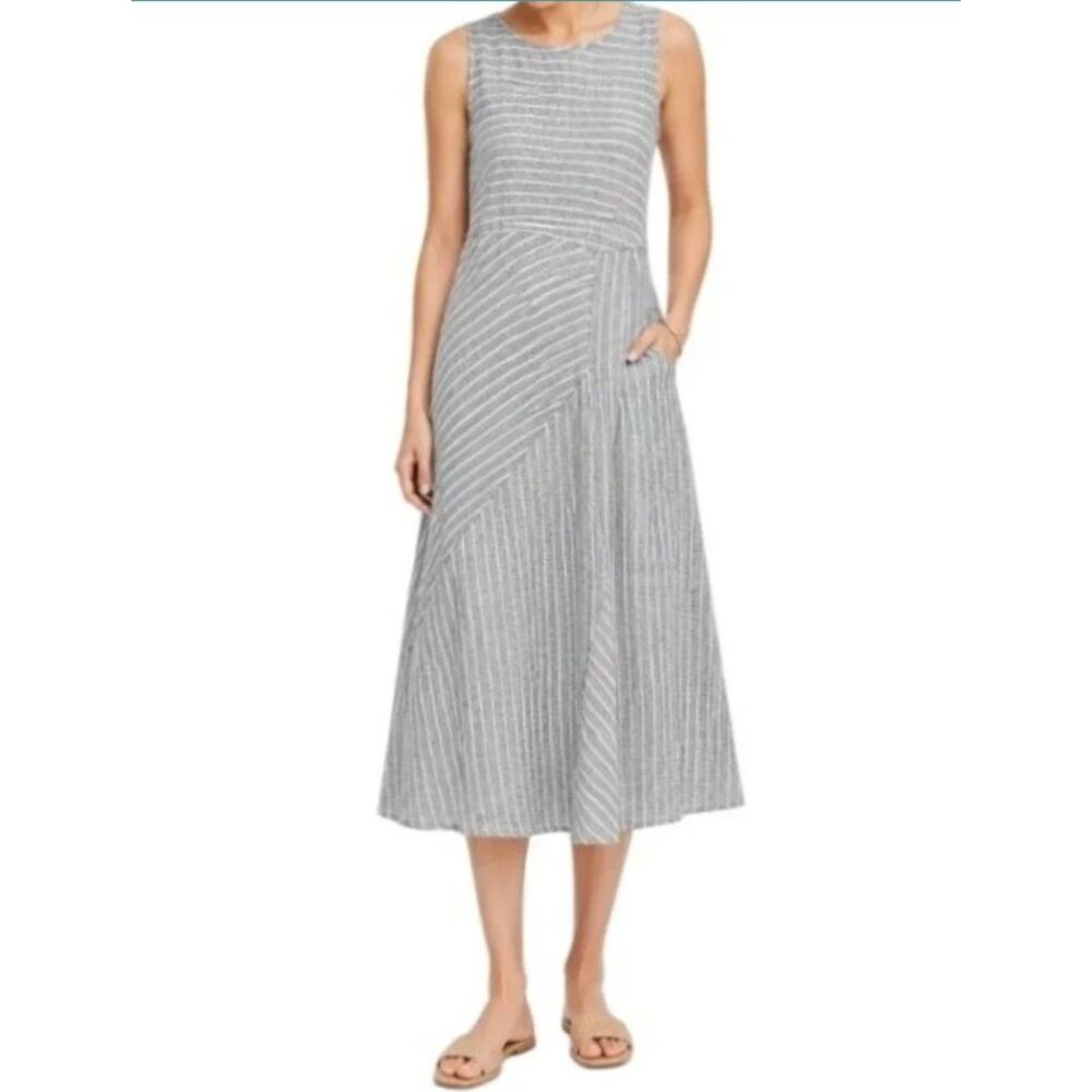 J. Jill Womens S Petite Gray White Striped Linen Sleeveless A-Line Midi Dress